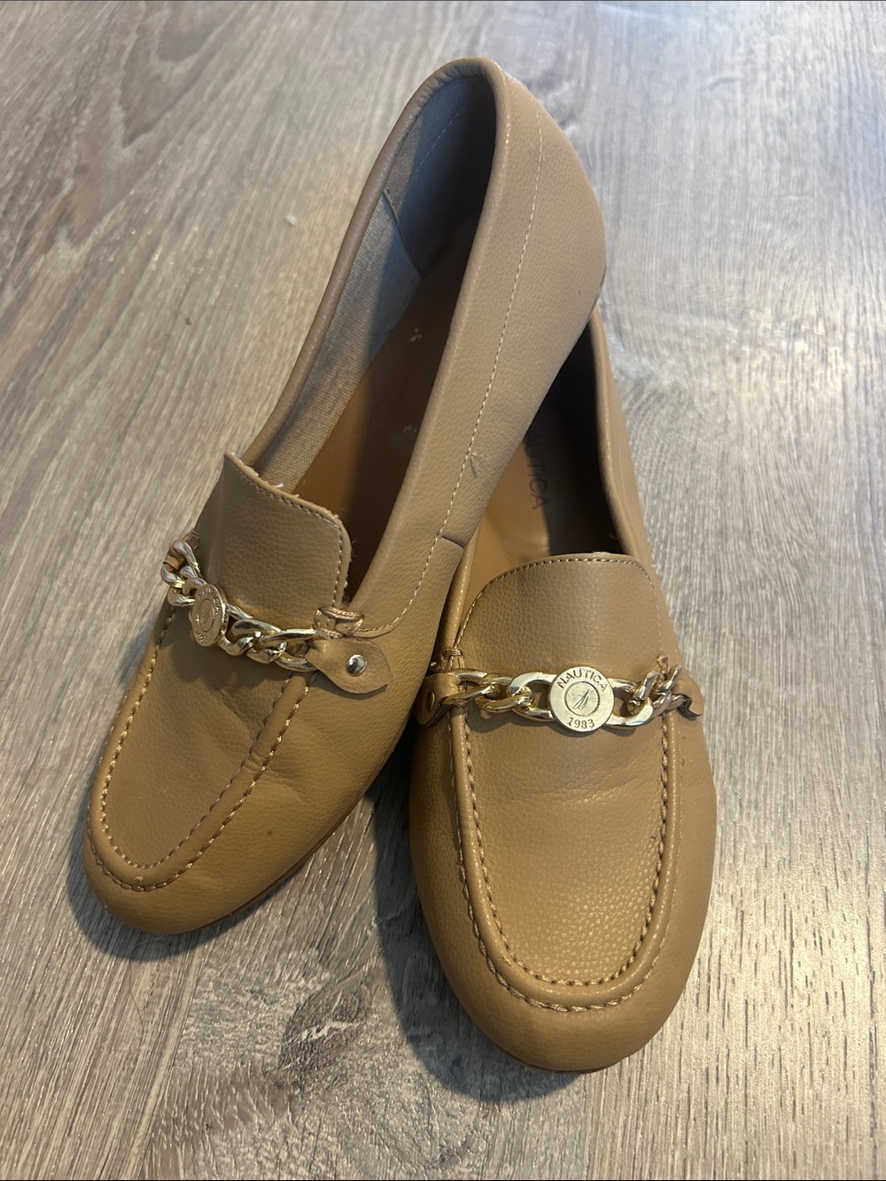 Nautica Women's Tan Loafers with Gold Chain Accent